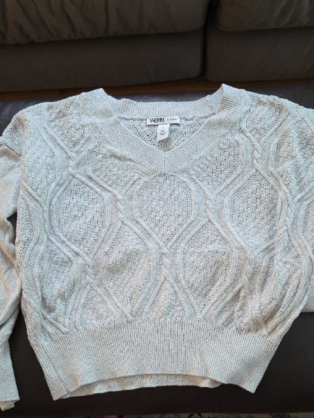 White House Black Market Heather Gray V-Neck Cable Knit Sweater